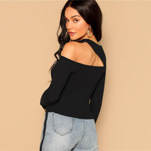 Load image into Gallery viewer, SHEIN Black Asymmetric Cutout Neck Ribbed T-shirt