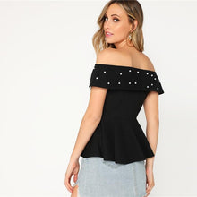 Load image into Gallery viewer, SHEIN Black Pearl Beaded Fold-over Neck Peplum Top Solid T Shirt